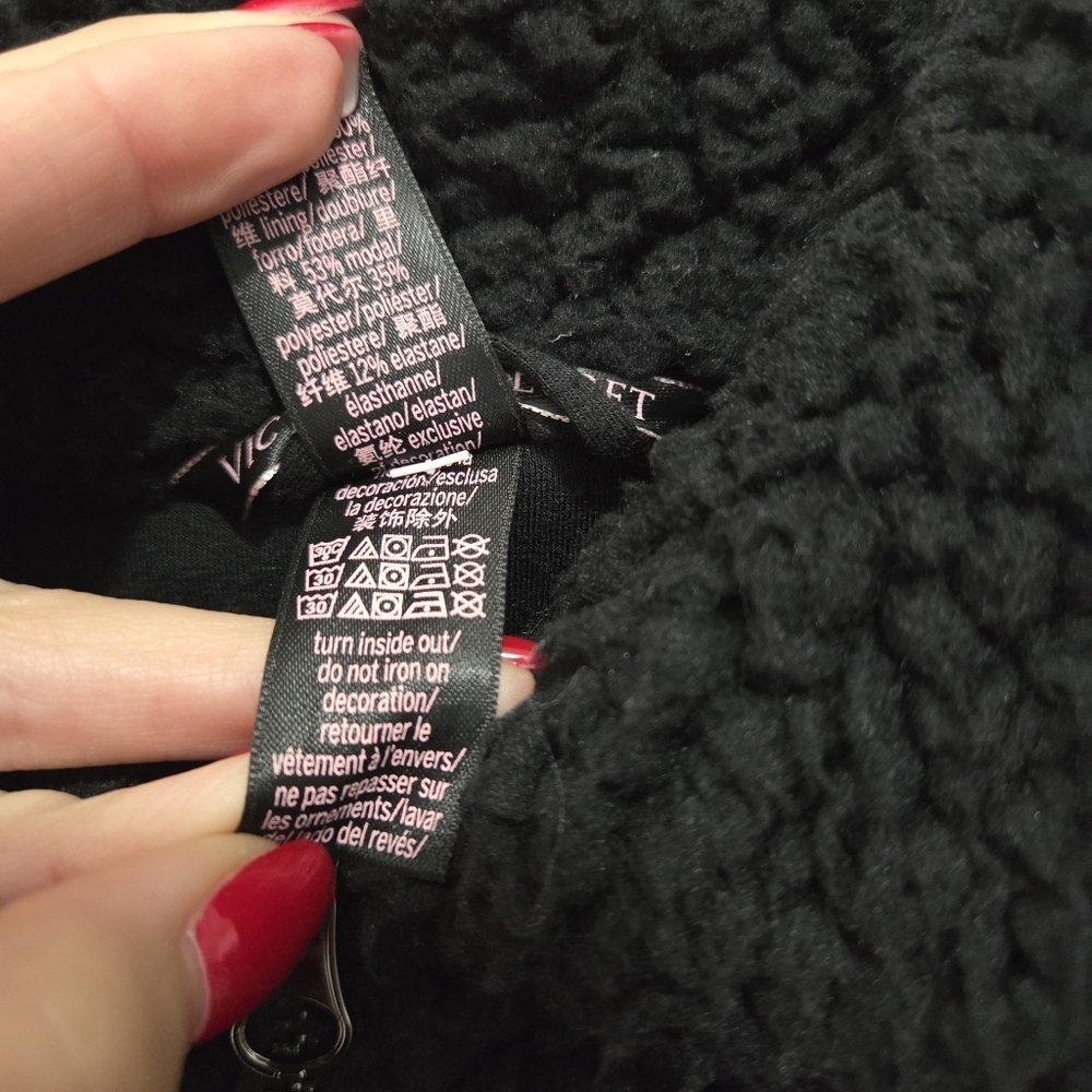 Victoria's Secret Black Sherpa Full Zip Bomber Jacket Size Small Winter Fall - Picture 11 of 12